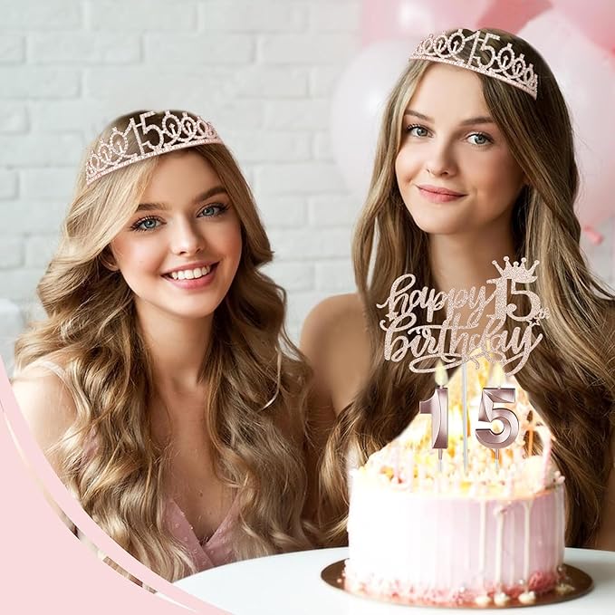 15th Birthday Decorations for Girls, Including Sash, Crown/Tiara, Candles, Cake Toppers. 15th Birthday Gifts for Girls