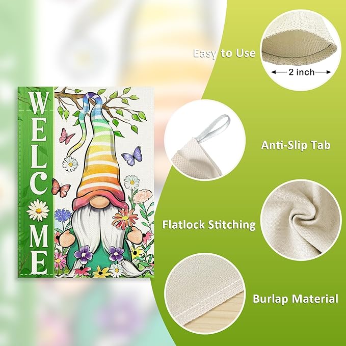 Covido Welcome Spring Summer Gnome Decorative House Flag, Daisy Floral Flowers Butterfly Rainbow Garden Yard Outside Decorations, Seasonal Burlap Outdoor Large Home Decor Double Sided 28 x 40