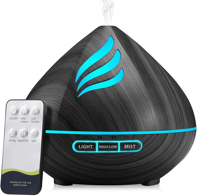 Essential Oil Scent Diffuser: 500ML Aroma Diffuser with Remote Control, Large Fragrance Aromatherapy Diffuser for Bedroom Home, Mist Humidifier with 14 Colors LED Lights and waterless Auto-Off, Black