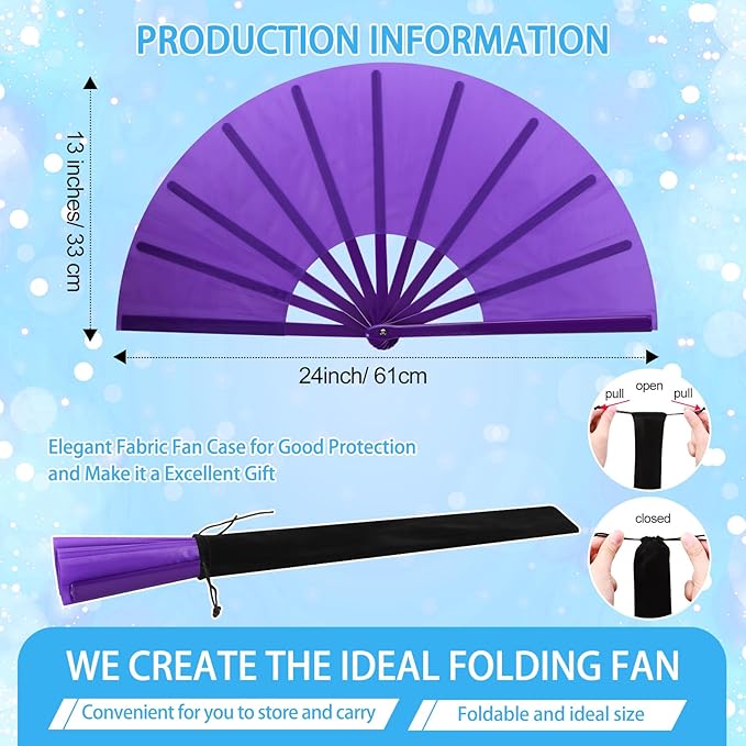 Blulu 4 Pcs 13 Inch Large Folding Hand Fans for Line Dancing Big Clapping Popping Raves Fans Bulk for Dancing Boots on The Ground Festival Party Decoration(Classic Style, Purple, Blue, Orange, Pink)