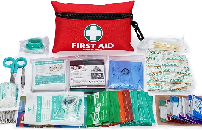 General Medi Mini First Aid Kit, 150 Piece Small First Aid Kit - Includes Emergency Foil Blanket, Scissors for Travel, Home, Office, Vehicle, Camping, Workplace & Outdoor (Red)