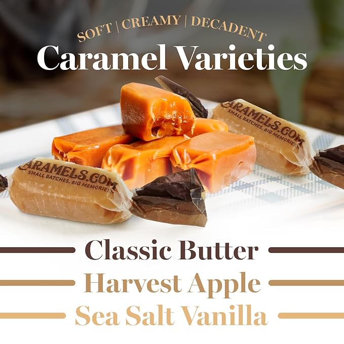 Caramels.com | Candy Gift Box | Individually Wrapped Sea Salt Caramel Vanilla, Classic Butter and Harvest Apple Candies | Great Gift Idea for Holidays and Birthdays | Pack of 3