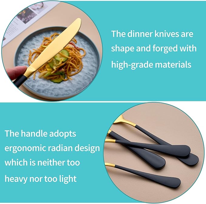 20-Piece Gold and Black Silverware Set for 4, 18/0 Stainless Steel Flatware Cutlery Utensils Set, Include Dinner Knives,Dinner Forks,Dinner Spoons,Salad Forks,Teaspoons,Dishwasher Safe