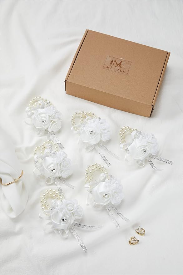 Meldel White Wrist Corsages for Prom, Set of 6, Rose Wedding Wrist Corsage for Bridal Bridesmaid Girl Women, Fake Wrist Flower for Mother of Bride, Artificial Hand Flower for Homecoming Anniversary