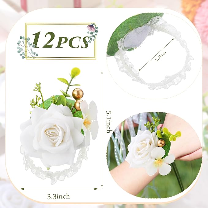 Sherr Set of 12 Rose Wrist Corsages for Wedding Corsage Flower Wristlet Floral Wedding Wrist Bridal Rose Leaf Hand Flowers for Bride Bridesmaid Prom Engagement Festival(White)