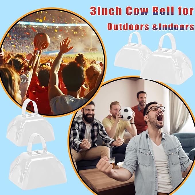 Cow Bells Noise Makers for Sporting Events, 4PCS Metal Cowbells with Handle - Small Loud Bell Bulk Hand Percussion Noisemakers for Football Games Graduation Sporting Events Weddings (White)