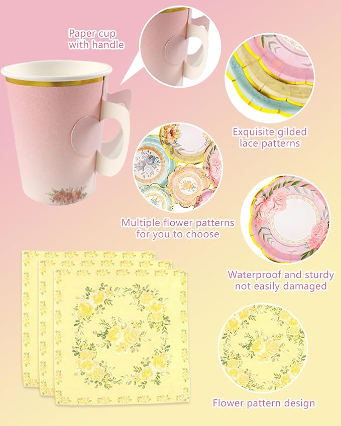 240 Pcs 48 SetsTea Party Supplies Floral Paper Tea Cups and Saucers, Disposable Teacup with Handle, 9'' ＆ 7'' Paper Plate Napkin, for Birthday, Baby Shower, Wedding Decorations