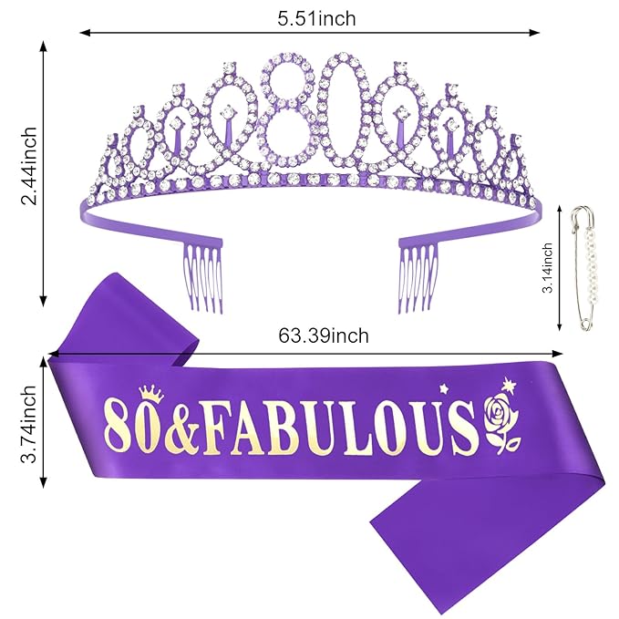 Casoty Purple 80th Birthday Sash and Tiara, 80th Birthday Decorations for Women, 80 & Fabulous Sash and Crown Set, Party Supplies Favors for Women Gifts for Her