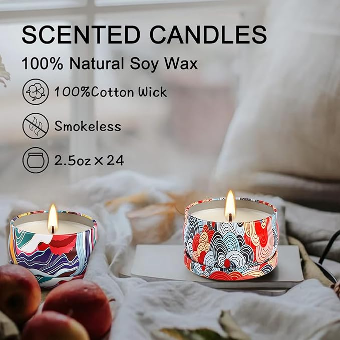 Set 24 Pack Scented Candles Gifts Soy Wax Travel Tin Jar Candles for Home 2.5 OZ jar Candles for Mom for Christmas, Birthday, Thanksgiving, Mother's Day