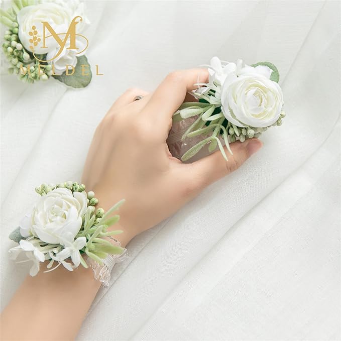 Meldel Rose Wrist Corsage Wristlet Band for Girls Women Bride Bridesmaid, Set of 6, White Hand Flower Wedding Artificial Flowers Accessories for Prom Party