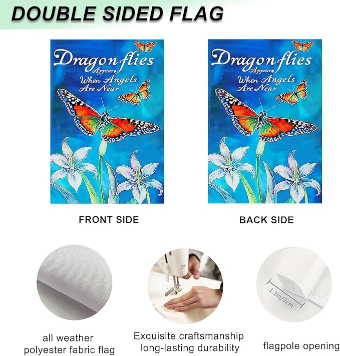 IVN Dragonfly Butterfly Garden Flag 12x18 Inch Double Sided Blue Flower Outdoor Yard Flag for Home Front Door Lawn Porch Summer Decor