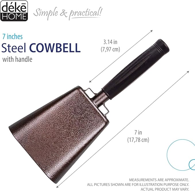 Deke Home - 2 Pack 7 Inch Steel Cowbells with Handle, Loud Noise Makers for Football, Sports, Parties, Competitions, School Spirit & Safety, Large Hand Bell for Cheering & Percussion Instrument