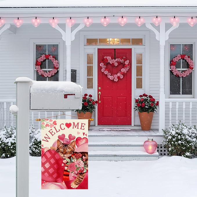 ZAEW Welcome Valentine’s Day Garden Flag Romantic Red Big Roses Love Heart Cat Yard Flag 12x18 Inch Double Sided Small Mini Yard Outdoor Outside Holiday Decoration