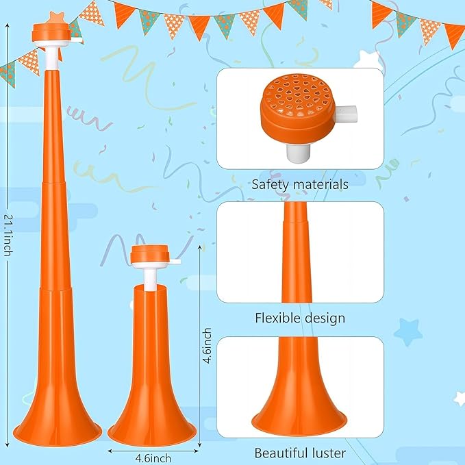 6 Pcs Collapsible Stadium Horn for Adult, 21 Inch, Plastic Vuvuzela Trumpet Noisemakers for Sports Events, Carnivals, Parties, Orange