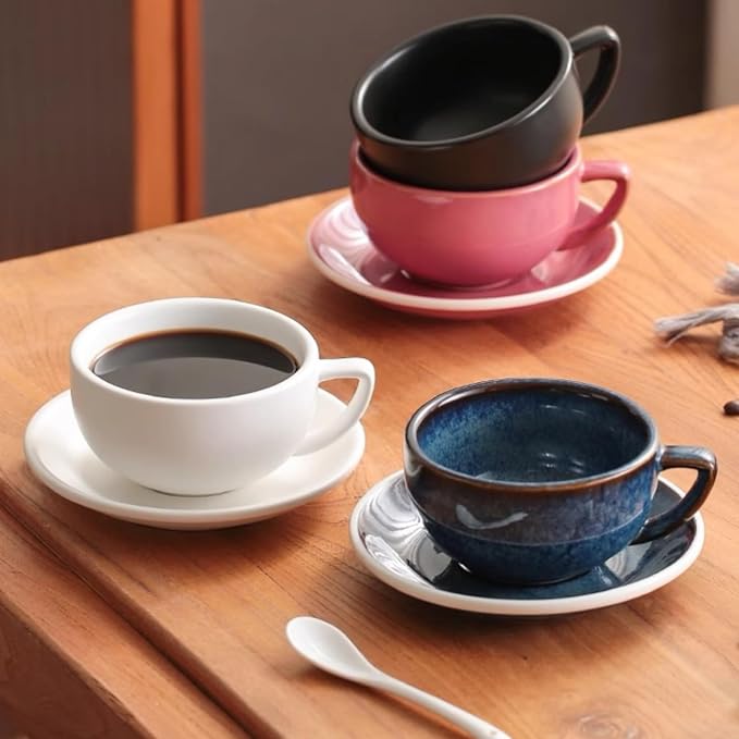 Ceramic Latte Mug, 10.82oz Barista Cup with Saucer, 7mm Thickened Rim Ceramic Cappuccino Cup, Vintage Latte Art Mug for Home & Café (Kiln Transmutation Pink)