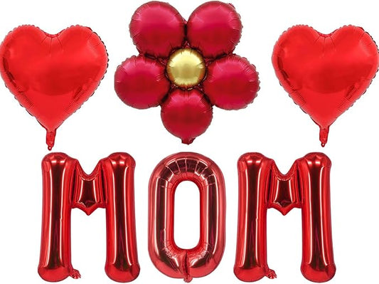 Red Mom Balloons Mother's Day Balloon Red Daisy Flower Balloons Heart Foil Balloon for Mother's Day Themed Birthday Party Decorations Mon Birthday Party Supplies Set-6 Pcs