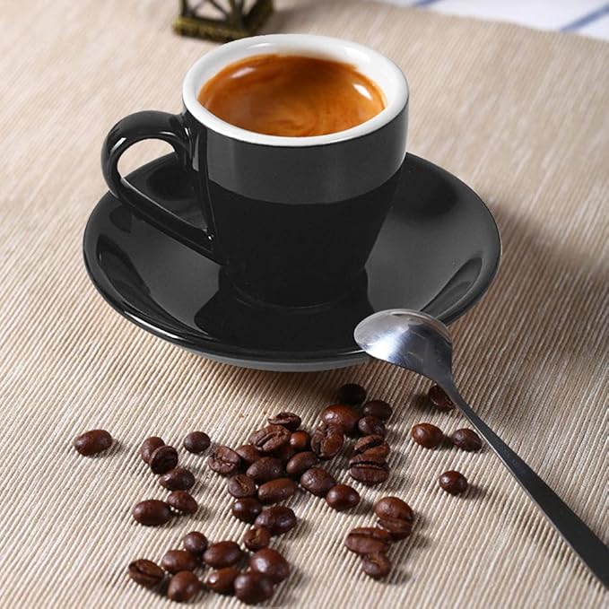 Porcelain Espresso Cup with Saucer And Stainless Steel mini Spoons, Espresso shot Cup, 80ml/2.7Oz, Pack of 2, Black