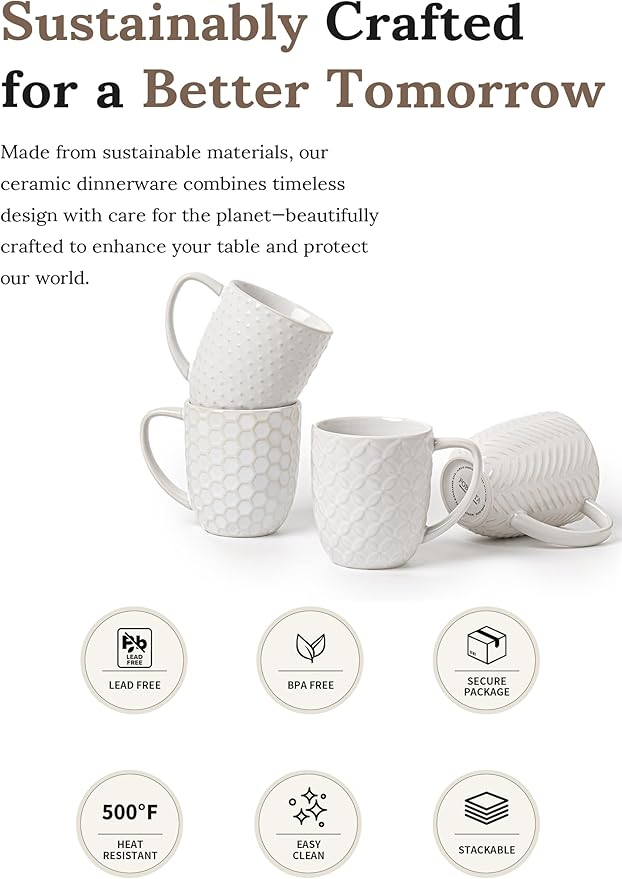 Ceramic Coffee Mugs Set of 4, 12oz Embossed Cups with Elegant Patterns – A Thoughtful Gift for Women, Mom, or Friends,Perfect for Tea, Latte, Cocoa (Arctic White, 12 OZ)