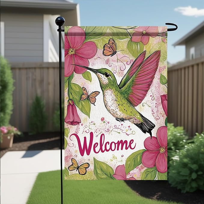 Starlit Patio Spring Summer Hummingbird Garden Flag 12x18 Inch Double Sided Hummingbird Floral Butterfly Small Yard Flag House Seasonal Farmhouse Outside Outdoor Decoration