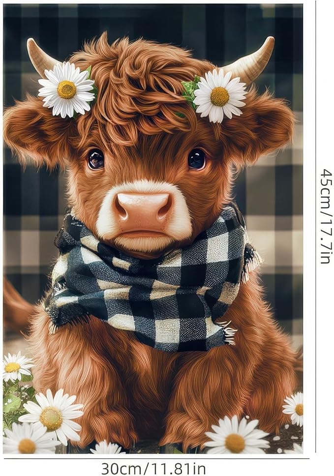 BlissYard Highland Cow Garden Flag 12x18 Inch Double Sided Plaid Daisy Yard Flags Floral Cow Farmhouse Flag Adorable Farm Animal Outdoor Decoration for Seasonal Summer Spring Yard Decor