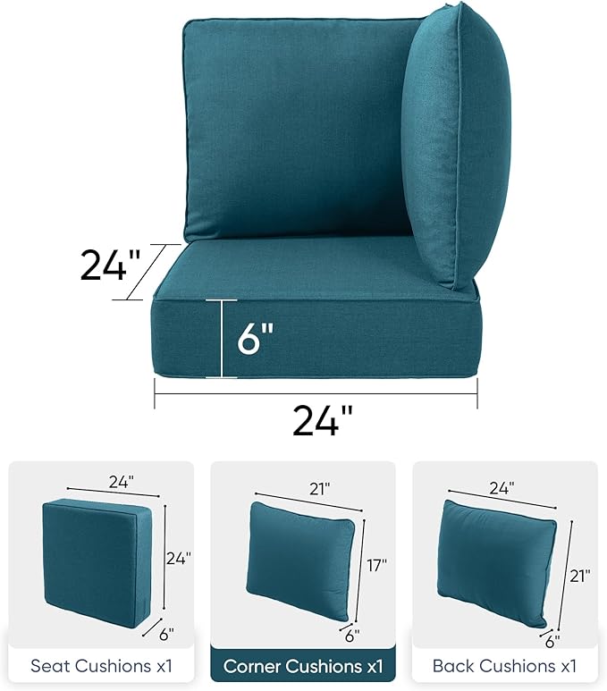 Luxury 24x24x6 Outdoor Corner Cushion 1 Set - Water-Repellent 3-Piece Cushion Set with Zipper for Outside Wicker Sofa Loveseat Chair Sectional Patio Conversation Sets - Peacock Blue/Classic