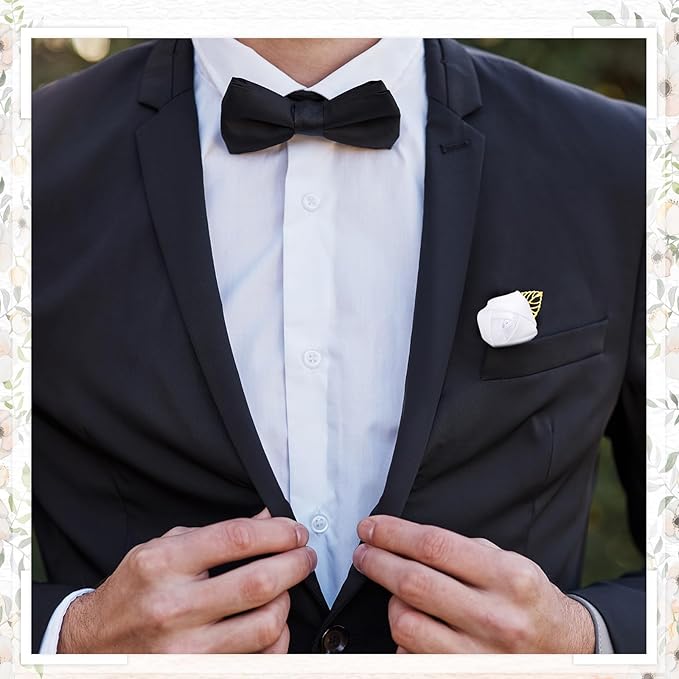 Zeyune 24 Pcs Boutonniere Rose Boutonniere Wedding Buttonholes Pocket for Men Wedding for Prom Party(White)