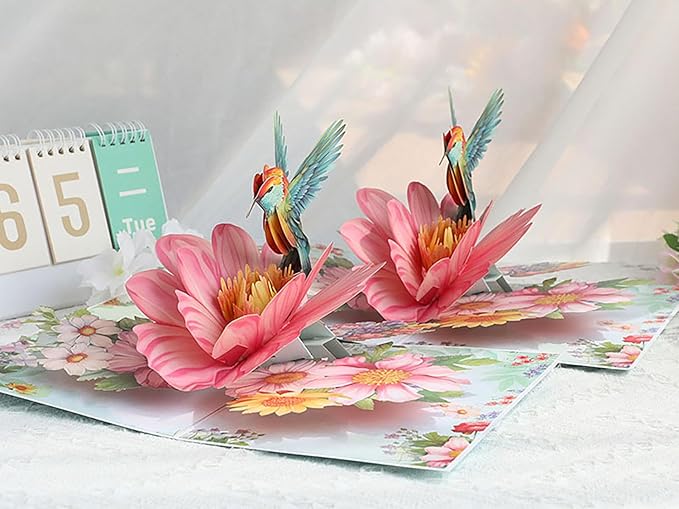 3D Hummingbird and Flower Pop Up Card, 3D Flower Greeting Pop-Up Card for Birthday, Anniversary, Thank You, Mother’s Day, Thinking of You, Nature Lovers Gift for Women and Mom
