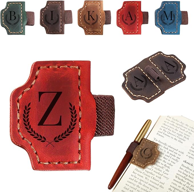 Magnetic Bookmarks with Pen Holder, 26 Letters Name Initia Personalized Leather Book Mark, Gifts for Book Lovers Readers Teacher Women Men