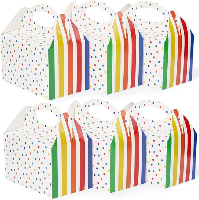 Happyhiram 25 Pcs Favor Boxes for Kids Birthday Box, Polka Dot and Striped Colorful Goodie Treat Boxes with Handles 6" Gable Candy Boxes Paper Gift Boxes for Kids Party Decorations and Supplies