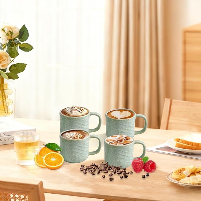 15 oz Coffee Mugs Set of 4,Ceramic Cups for Espresso,Cappuccino,Iced Coffee,Latte,Milk and Hot Tea,Dishwasher and Microwave Safe,for Men,Women,Engagement gift for couples,Retro Texture,Green
