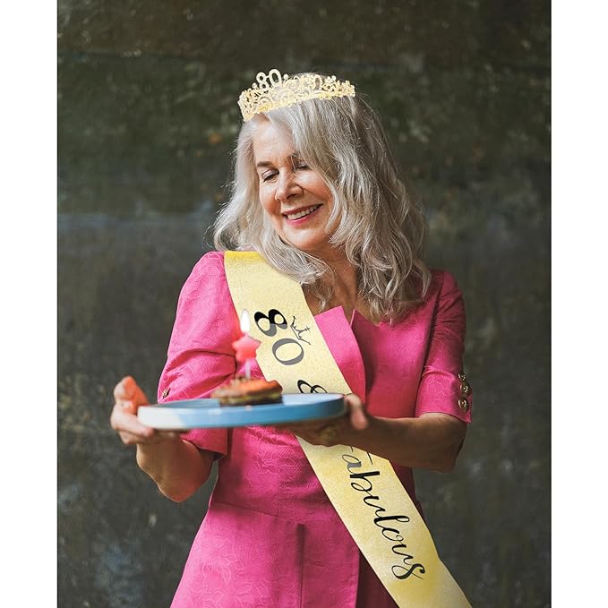 CIEHER 80th Birthday Decorations for Women - 80th Birthday Crown + 80 & Fabulous Birthday Sash + Pearl Pin Set, Gold 80th Birthday Tiara, 80th Birthday Gifts Women