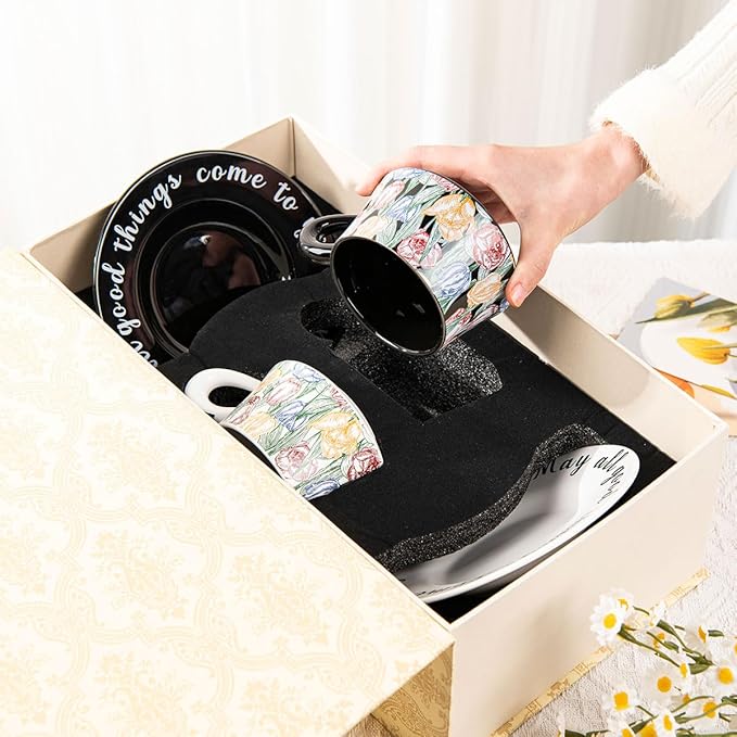 Tea Cup and Saucer Set of 2,Bone China Tulip Ceramic Coffee Cup Gift Set with Box，Latte Mug for Mother's Day Gifts（8.95 oz）