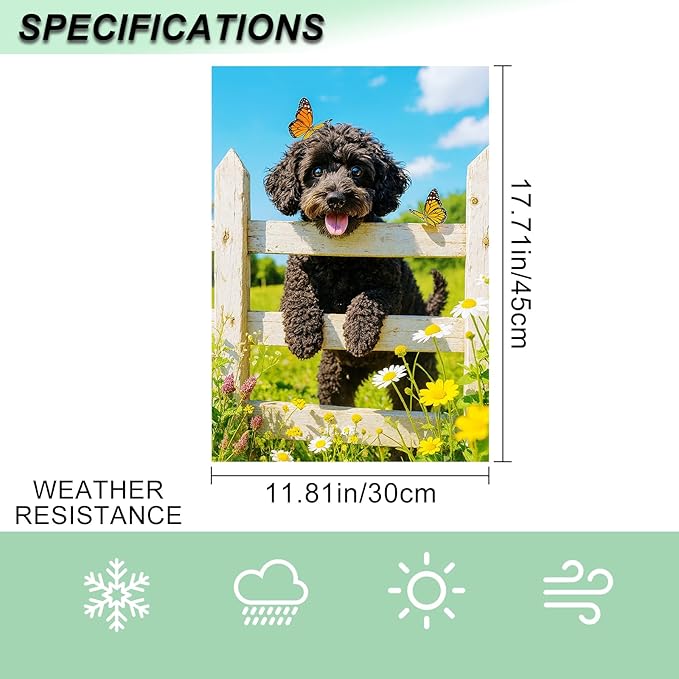 IVN Spring Garden Flag 12x18 Inch Double Sided Curly Brown Dog and Butterfly Scene Outdoor Yard Flag for Outside Front Door Lawn Porch Patio Welcome Decor