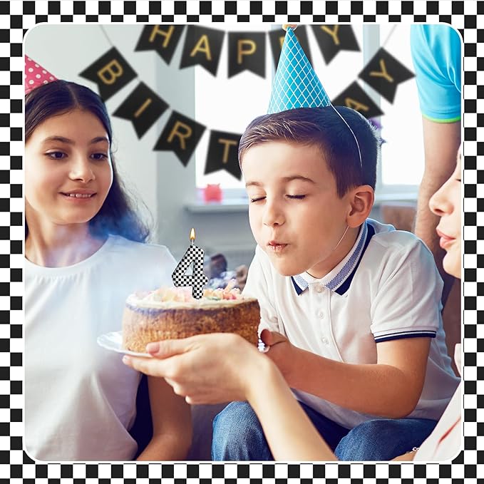 Racing Cars Themed Birthday Candle Number 4 Checkered Candle Birthday Party Decoration Cake Topper for Racing Car Party Decoration Theme Party Supplies (Number 4)