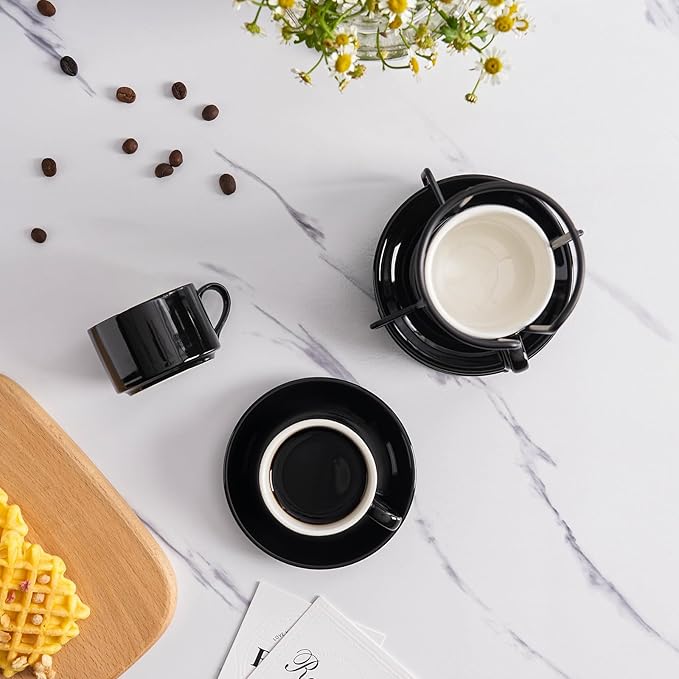 8oz Porcelain Stackable Cappuccino Cups with Saucers and Metal Stand Set of 4, Cappuccino Cups Set of 4, Black Coffee Cups for Espresso, Specialty Coffee Drinks, Latte, Americano and Tea