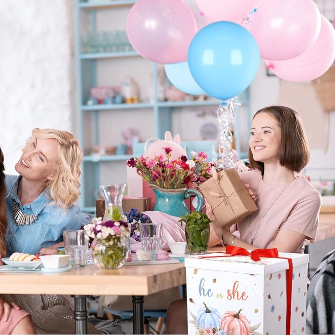 Hungdao Gender Reveal Balloon Box with Ribbon and 10 Pink and Blue Balloons Gender Reveal Games He or She Open to See for Party Decoration 12"x12"x16"(Fall Pumpkin)
