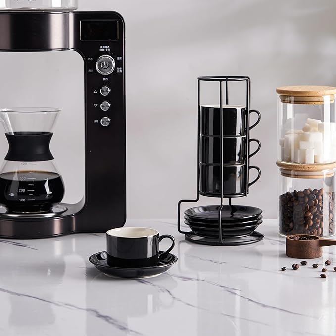 2.5oz Espresso Cups Set of 4, Porcelain Stackable Espresso Cups with Saucers and Metal Stand Set, Black Expresso Shots Cup Set for Cappuccino, Coffee Drinks, Latte, Tea