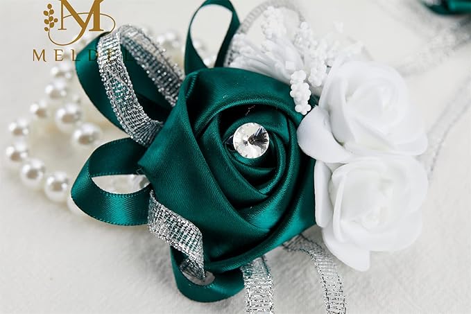 Meldel Wrist Corsages for Wedding, 2PCS Green Rose Wrist Corsage Bridal Bridesmaid, Artificial Corsage for Wedding Mother of Bride and Groom