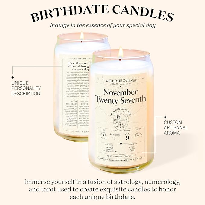 Birthdate Candles, November 27 - Sagittarius Zodiac Scented Candles Birthday Gift - Rose, Neroli & Water Lily Scent - All-Natural Soy & Coconut Wax, 60-80 Hour Burn Time - Made in USA