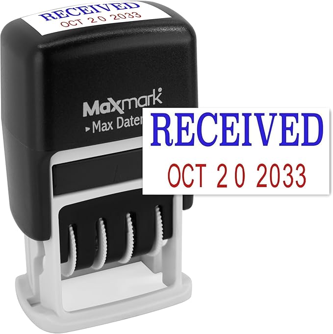 MaxMark Self-Inking Rubber Date Office Stamp with Received Phrase Blue Ink & Date RED Ink (Max Dater II), 12-Year Band