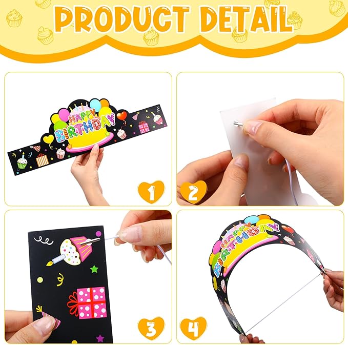 Yunsailing 36 Pcs Happy Birthday Crowns for Kids Paper Birthday Hat Crowns for Classroom Gifts Kids' Party(Black)
