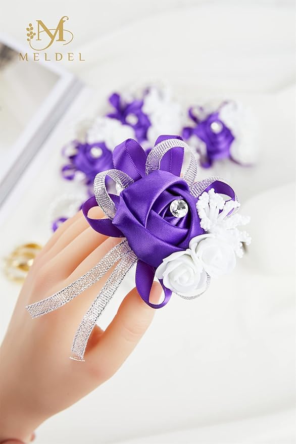 Meldel Purple Wrist Corsage for Prom Wedding Party, Set of 6, Rose Wrist Hand Flower for Bridal Bridesmaid, Prom Corsages Wrist Bride Groom Mother, Corsage Wristlet for Ceremony, Homecoming Corsage