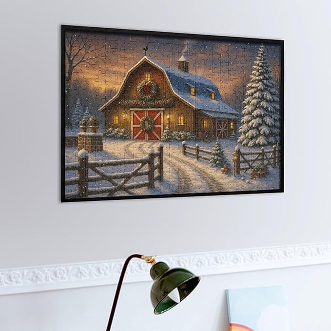 Christmas Snowy Night,Winter Red House 500-Piece Wooden Jigsaw Puzzle, Winter Holiday Scene, Snowy Night Landscape, Cozy Indoor Fun, Family Entertainment, Mindful Leisure
