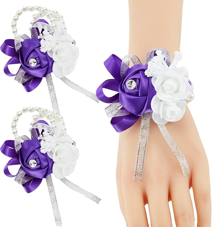 Meldel Wrist Corsages for Wedding, Set of 2, Classic Purple Artificial Wrist Corsage Bracelets for Wedding Mother of Bride and Groom, Rose Wrist Hand Prom Flower Ceremony Anniversary,Party, Gift