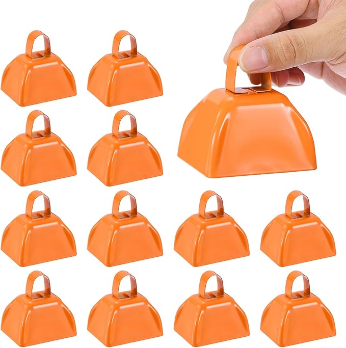 PATIKIL 16pcs Cow Bells for Football Games, 3inch Cowbells for Sporting Events Bulk Loud Noise Makers Metal Cow Bell with Handle for Cheering Competition Marathon Wedding, Orange