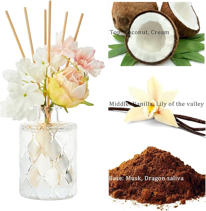 Chloefu Lan Creamy Vanilla Reéd Diffuser, Milky Coconut, 6.7 oz Flower Diffuser with Sticks, Modern Farmhouse Decor, Bathroom & Office Decor, Room Freshener