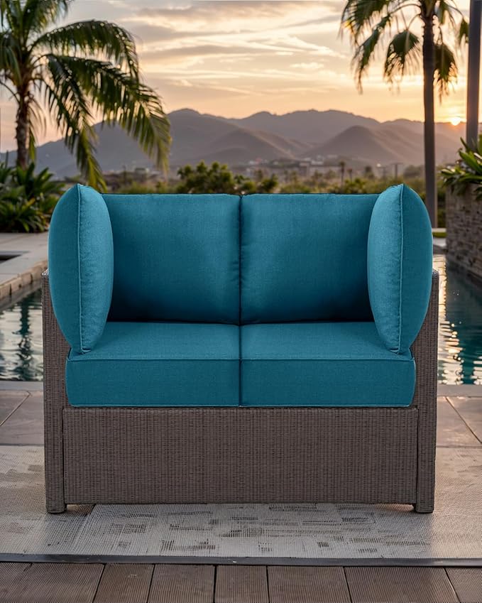 Luxury 24x24x6 Outdoor Corner Cushion 1 Set - Water-Repellent 3-Piece Cushion Set with Zipper for Outside Wicker Sofa Loveseat Chair Sectional Patio Conversation Sets - Peacock Blue/Classic