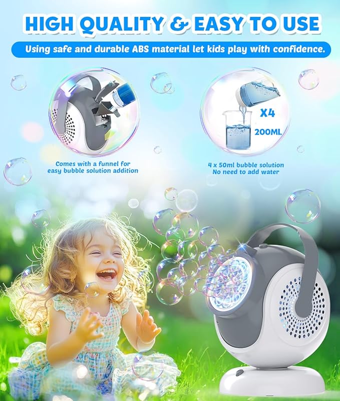 Rechargeable Bubble Machine, Automatic 360° Rotation, 75° Adjustment Bubbles Blower with 10 Large Holes Wands for Kids, Toddlers Outdoor Play, Wedding, Birthday Party, Gifts Toys for Boys, Girls