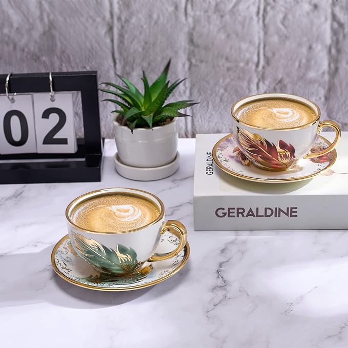 Golden Handle Ceramic Tea Cups, Vintage Feather Pattern Espresso Coffee Mug Set with Saucer & Spoon, 7.74 Oz, Style 2