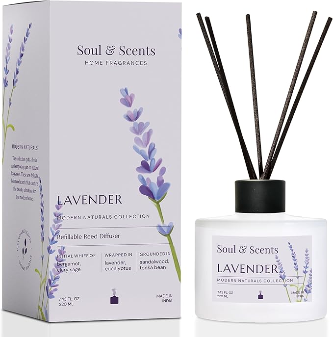 Soul & Scents Reed Diffuser Set – Lavender | 7.43 oz Refillable Scented Oil with 6 Fiber Sticks | Long-Lasting Home Fragrance & Air Freshener for Bedroom, Bathroom, Office | Gift & Décor Piece